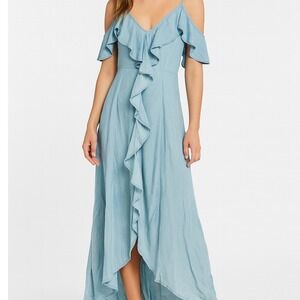 Venus Light Blue Chambray Ruffle Maxi Dress Off Shoulder Straps Size 14